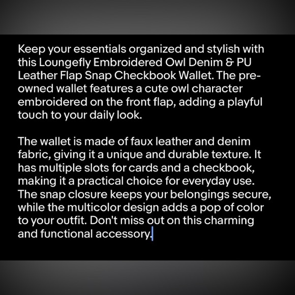 LOUNGEFLY Embroidered Owl Denim & PU Leather Flap Snap Checkbook Wallet - Picture 4 of 4
